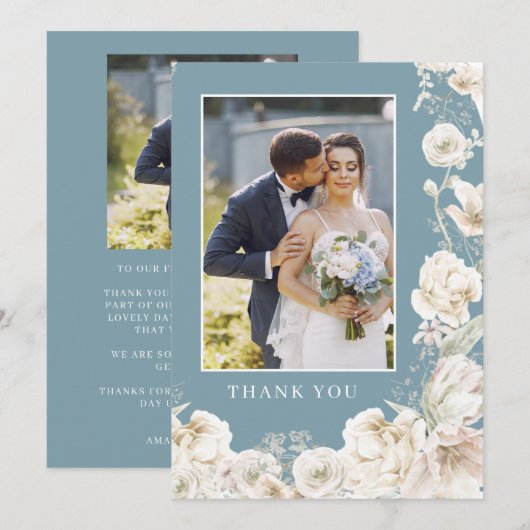 エレガントなブルーの花模様のゴールドの結婚式の写真 サンキューカード (正面/裏面)