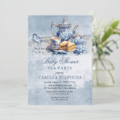 エレガントなブルーの花模様の紅茶セット ベビーシャワーティー 招待状 (スタンド正面)