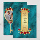 エレガントなブルーの豪華ゴールドのラグジュアリーなロイヤル招待状 招待状 (正面/裏面)