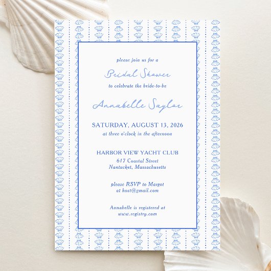 エレガントなブルーの貝殻　コーストウェディングシャワー 招待状