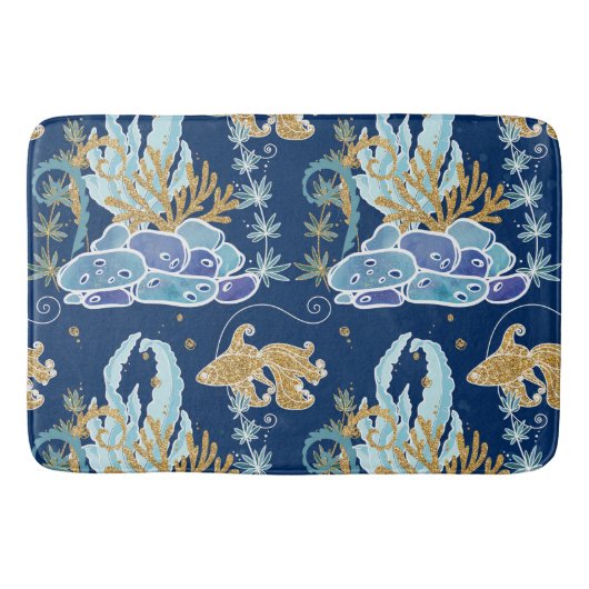 エレガントなブルーアクアターコイズゴールドグリッターオーシャン バスマット (正面)