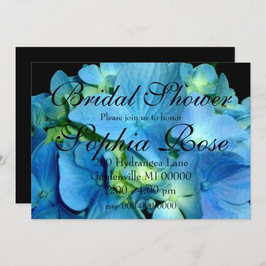 エレガントなブルーアジサイの花のブライズシャワー 招待状 (正面/裏面)