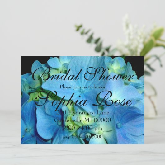 エレガントなブルーアジサイの花のブライダルシャワー 招待状 (スタンド正面)