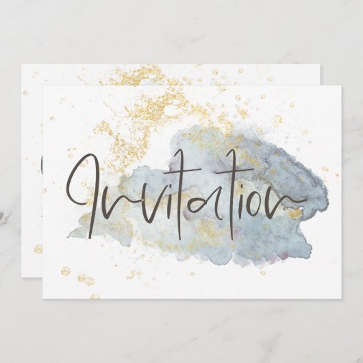 エレガントなブルーオンブレ水彩ゴールドアクセントの結婚式 招待状 (正面/裏面)