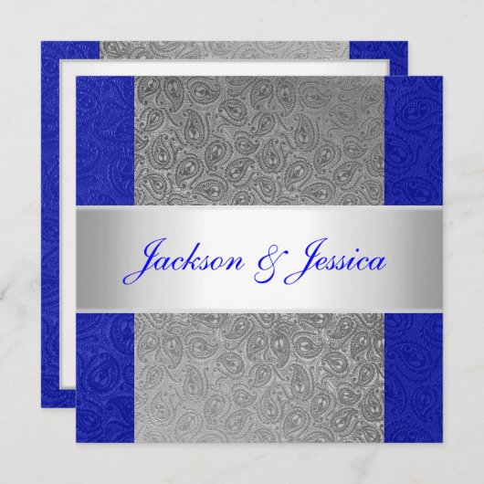 エレガントなブルーグレーのペイズリーの白の婚約パーティ 招待状 (正面/裏面)