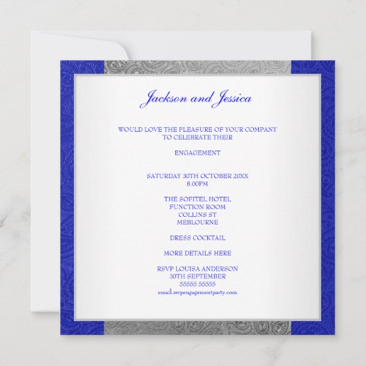 エレガントなブルーグレーのペイズリーの白の婚約パーティ 招待状 (裏面)