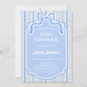 エレガントなブルーコケッタリボン ボウ フラワーストライプ 招待状 (正面)