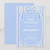 エレガントなブルーコケッタリボン　ボウ　フラワーストライプ 招待状 (正面/裏面)