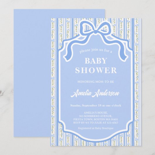 エレガントなブルーコケッタリボン ボウ フラワーストライプ 招待状 (正面/裏面)