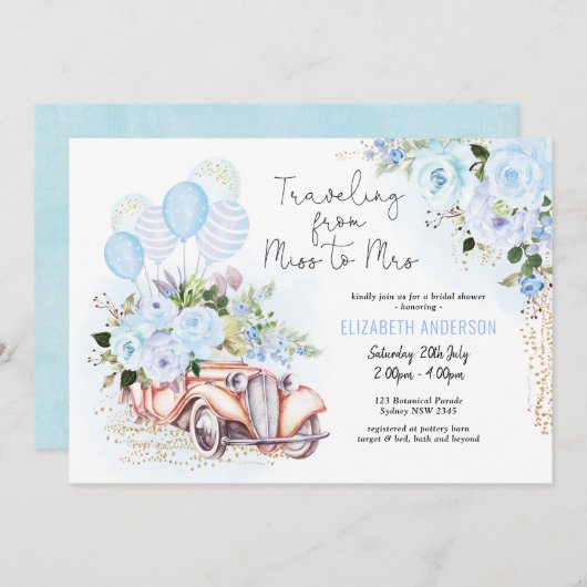 エレガントなブルーゴールドの花の旅行 ブライダルシャワー 招待状 (正面/裏面)