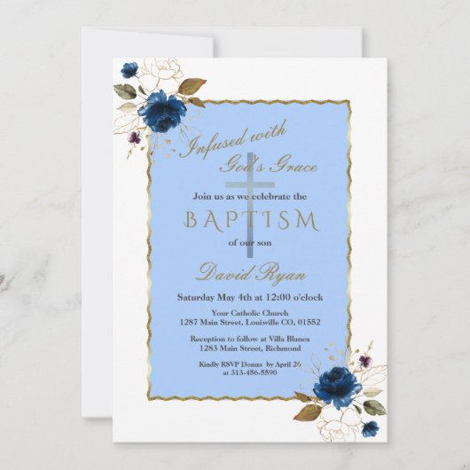 エレガントなブルーゴールドの花ボーイバプテスマ 招待状 (正面)