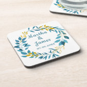 エレガントなブルーゴールドの葉の結婚式の名入れ コースター (左側)