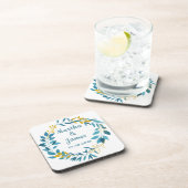 エレガントなブルーゴールドの葉の結婚式の名入れ コースター (右側)