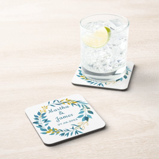 エレガントなブルーゴールドの葉の結婚式の名入れ コースター (右側)
