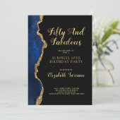 エレガントなブルーゴールドアゲートサプライズ50歳の誕生日招待状 招待状 (スタンド正面)