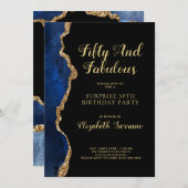 エレガントなブルーゴールドアゲートサプライズ50歳の誕生日招待状 招待状 (正面/裏面)