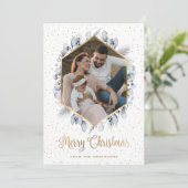 エレガントなブルーゴールドボタニカルジオフォトクリスマス シーズンカード (スタンド正面)