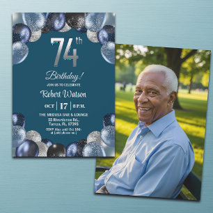 エレガントなブルーシルバーグリッター 74歳の誕生日写真 招待状