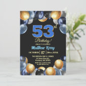 エレガントなブルーシルバーゴールドの53歳の誕生日パーティー 招待状 (スタンド正面)