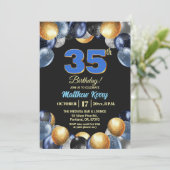 エレガントなブルーシルバーゴールド35歳誕生日写真 招待状 (スタンド正面)
