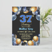 エレガントなブルーシルバーゴールド37歳誕生日写真 招待状 (スタンド正面)