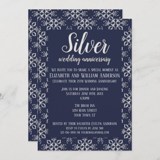 エレガントなブルーシルバー 25周年招待状 招待状 (正面/裏面)