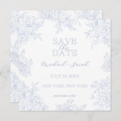 エレガントなブルートワール花柄スクエア セーブ・ザ・デート 招待状 (正面/裏面)