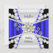 エレガントなブルーパール ブラック ホワイト ダイヤモンド 誕生日 招待状 (正面)