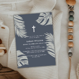 エレガントなブルーボーホーリーフクロス洗礼 招待状