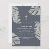 エレガントなブルーボーホーリーフクロス洗礼 招待状 (正面)