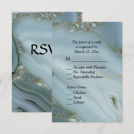 エレガントなブルーマーブルアゲートのRSVP（出欠返信）with メニュー選択肢 出欠カード (正面/裏面)