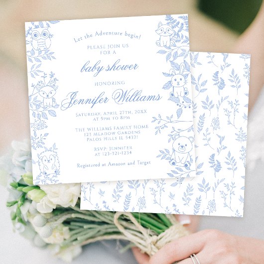 エレガントなブルーラインアートの森の赤ちゃん男の子シャワー 招待状