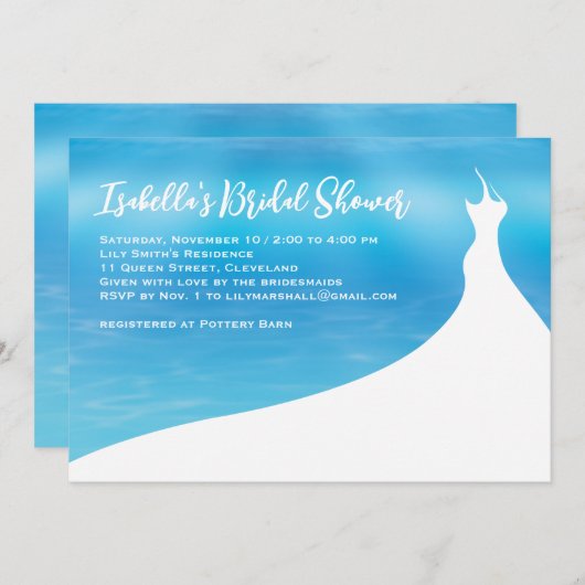 エレガントなブルー ウォーターカラーのウェディングシャワー招待状 招待状 (正面/裏面)