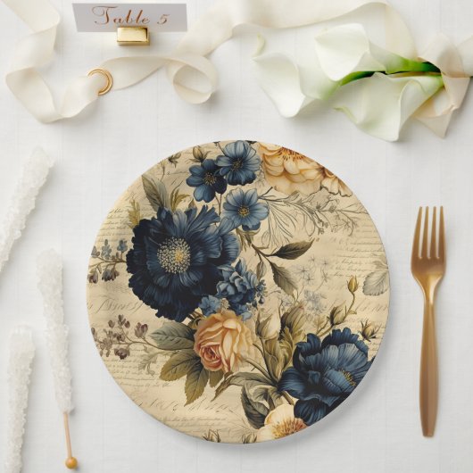エレガントなブルー＆クリーム フラワーパターン ペーパープレート (ウェディング)