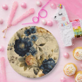 エレガントなブルー＆クリーム フラワーパターン ペーパープレート (パーティー)