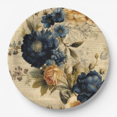 エレガントなブルー＆クリーム フラワーパターン ペーパープレート (正面)