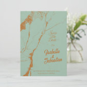 エレガントなブルー&コッパーマーブル Save the Date ウェディング 招待状 (スタンド正面)