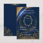 エレガントなブルー＆ゴールドの花柄の出欠確認カード | 出欠カード (正面/裏面)