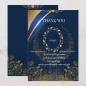 エレガントなブルー&ゴールドの花柄の感謝カード サンキューカード (正面/裏面)