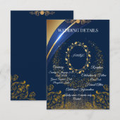 エレガントなブルー＆ゴールドの花柄 ウェディング詳細カード エンクロージャーカード (正面/裏面)