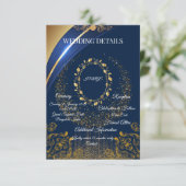 エレガントなブルー＆ゴールドの花柄 ウェディング詳細カード エンクロージャーカード (スタンド正面)