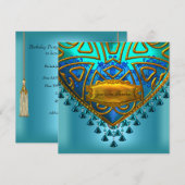 エレガントなブルー ティール アクア ゴールド どんなシーンにも 招待状 (正面/裏面)