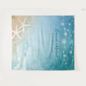 エレガントなブルー・ティール・ウォーターカラーのビーチ・ウェディング・フォト タペストリー (正面(横))