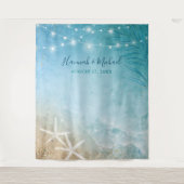 エレガントなブルー・ティール・ウォーターカラーのビーチ・ウェディング・フォト タペストリー (正面)