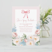 エレガントなブルー ピンク フラワーボウ ブライダルシャワー ブランチ 招待状 (スタンド正面)
