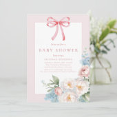 エレガントなブルー ピンク ボウ フラワーベイビーシャワー 招待状 (スタンド正面)
