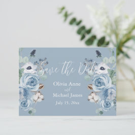エレガントなブルー＆ホワイトの花柄スクリプト Save The Date セーブザデート
