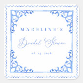 エレガントなブルー＆ホワイトタイルのブライズシャワー スクエアシール (正面)