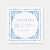 エレガントなブルー＆ホワイトタイルのブライズシャワー スタンダードカクテルナプキン (正面)