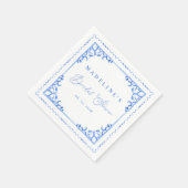 エレガントなブルー＆ホワイトタイルのブライズシャワー スタンダードカクテルナプキン (角)